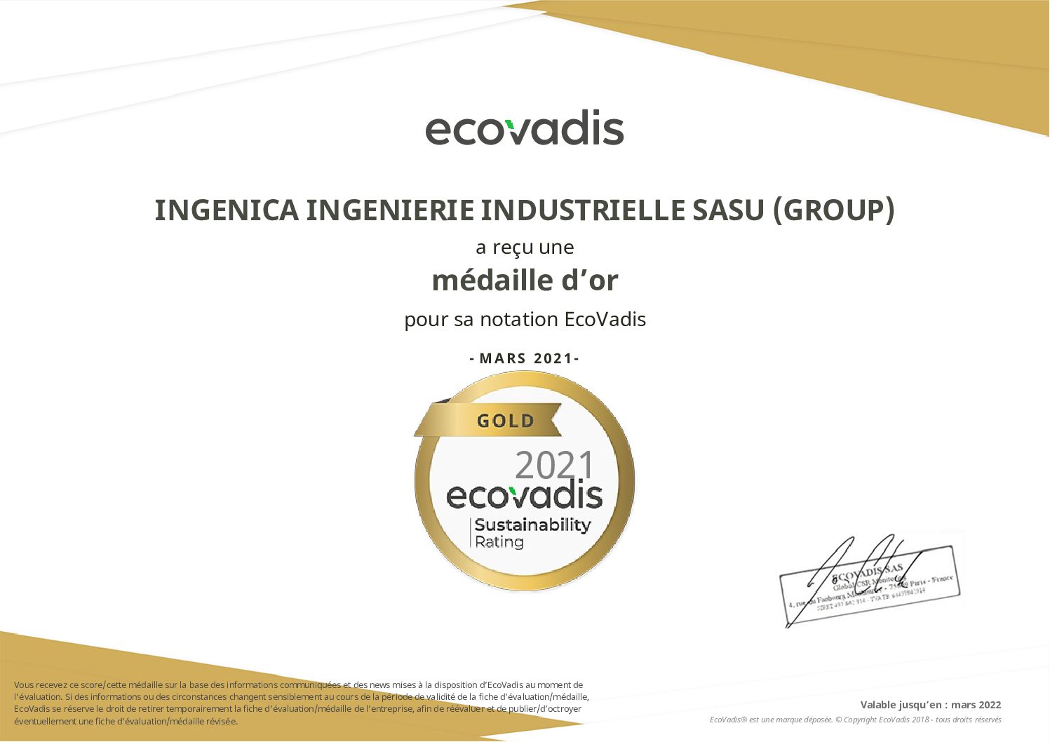 INGENICA renouvelle son label EcoVadis GOLD pour 2021 !